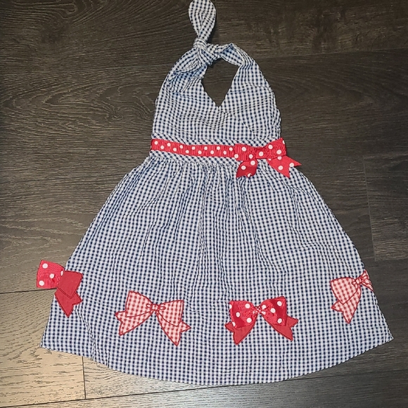 🛍Bonnie Baby Blue Gingham Dress with Red Bows - Picture 1 of 7